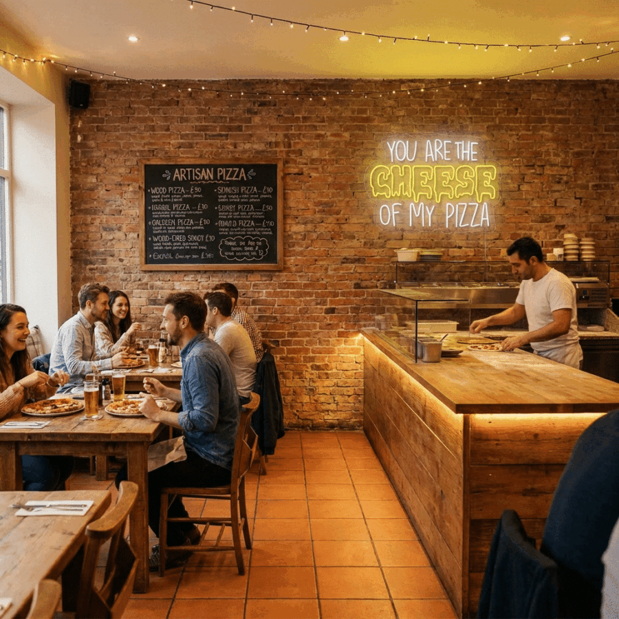 A group enjoys pizza at wooden tables in a cozy pizzeria with exposed brick walls, a glowing Neon "You are the cheese of my pizza" sign above, and a chef preparing food behind the counter.