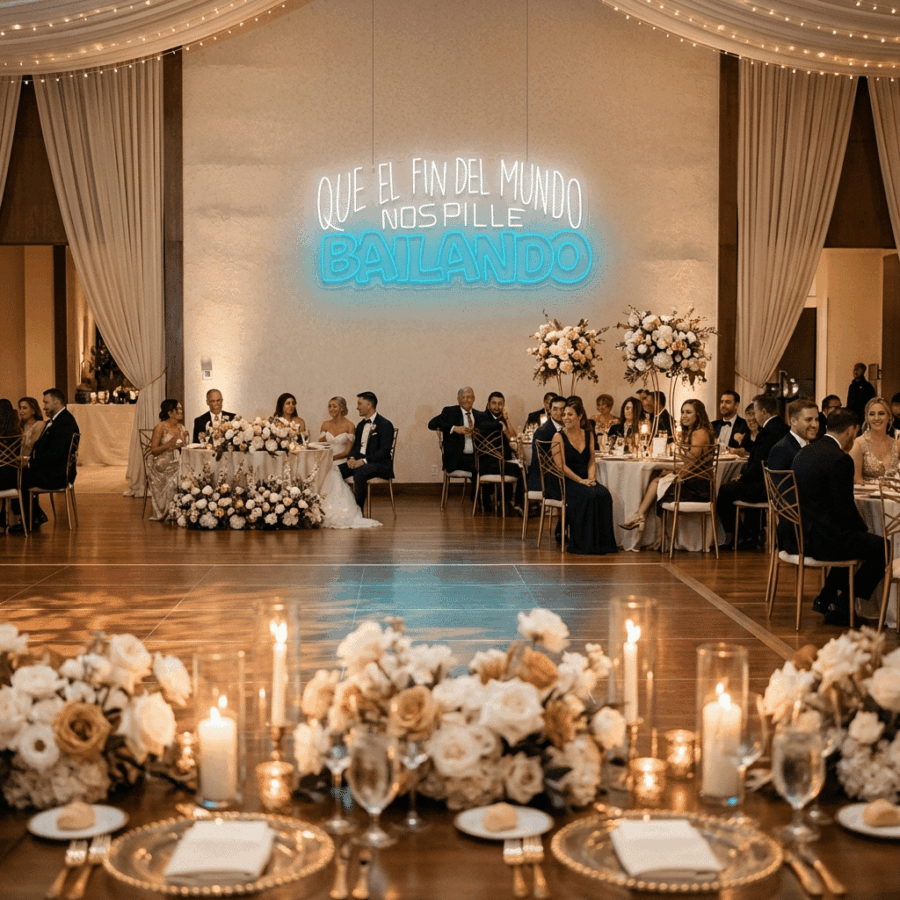 A formal wedding reception features decorated tables, floral arrangements, and a neon sign reading "May the end of the world catch us dancing V2" on the wall.