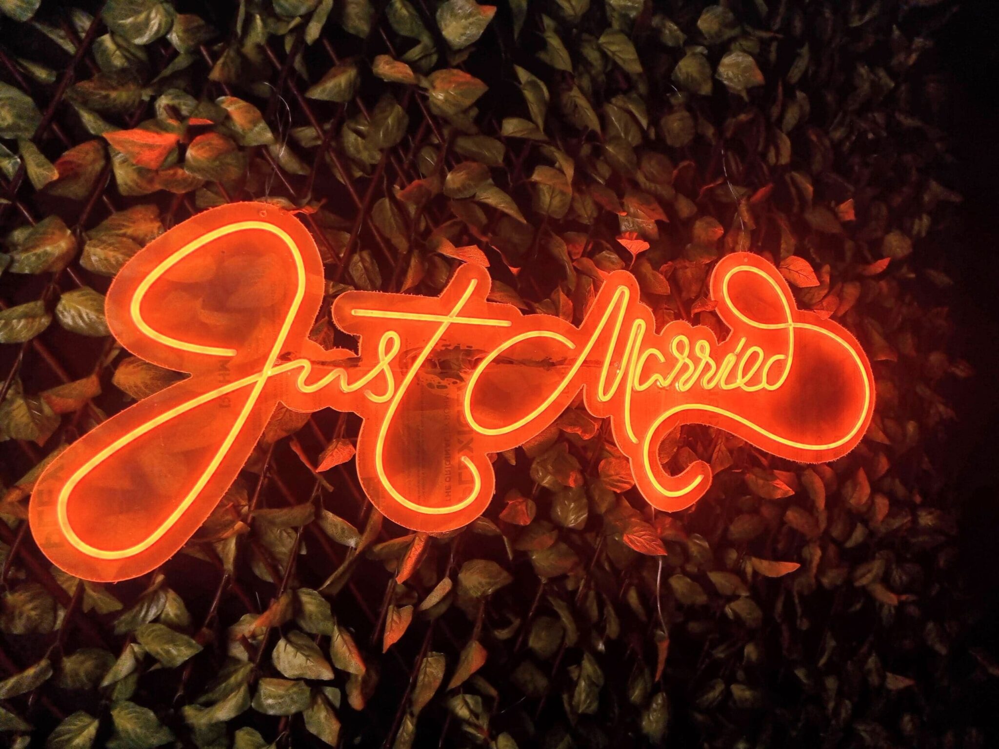 The Just Married Neon sign glows orange against a backdrop of lush green leaves.