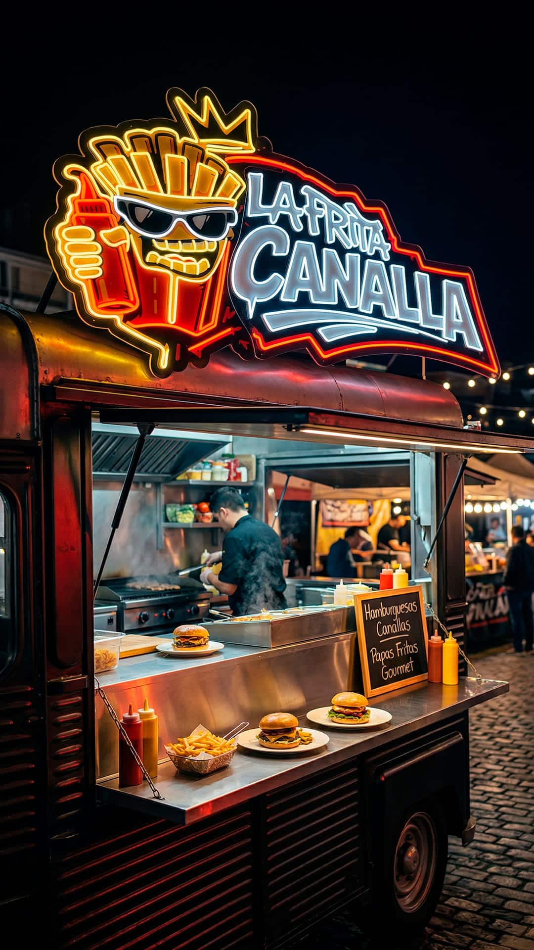 Logotype néon LED avec impression numérique « La Frita Canalla » blanc froid, rouge et doré