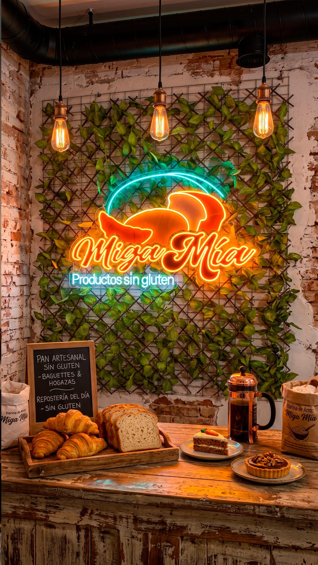 Logotype néon LED orange et bleu glace « Miga Mía produits sans gluten » dans une boulangerie