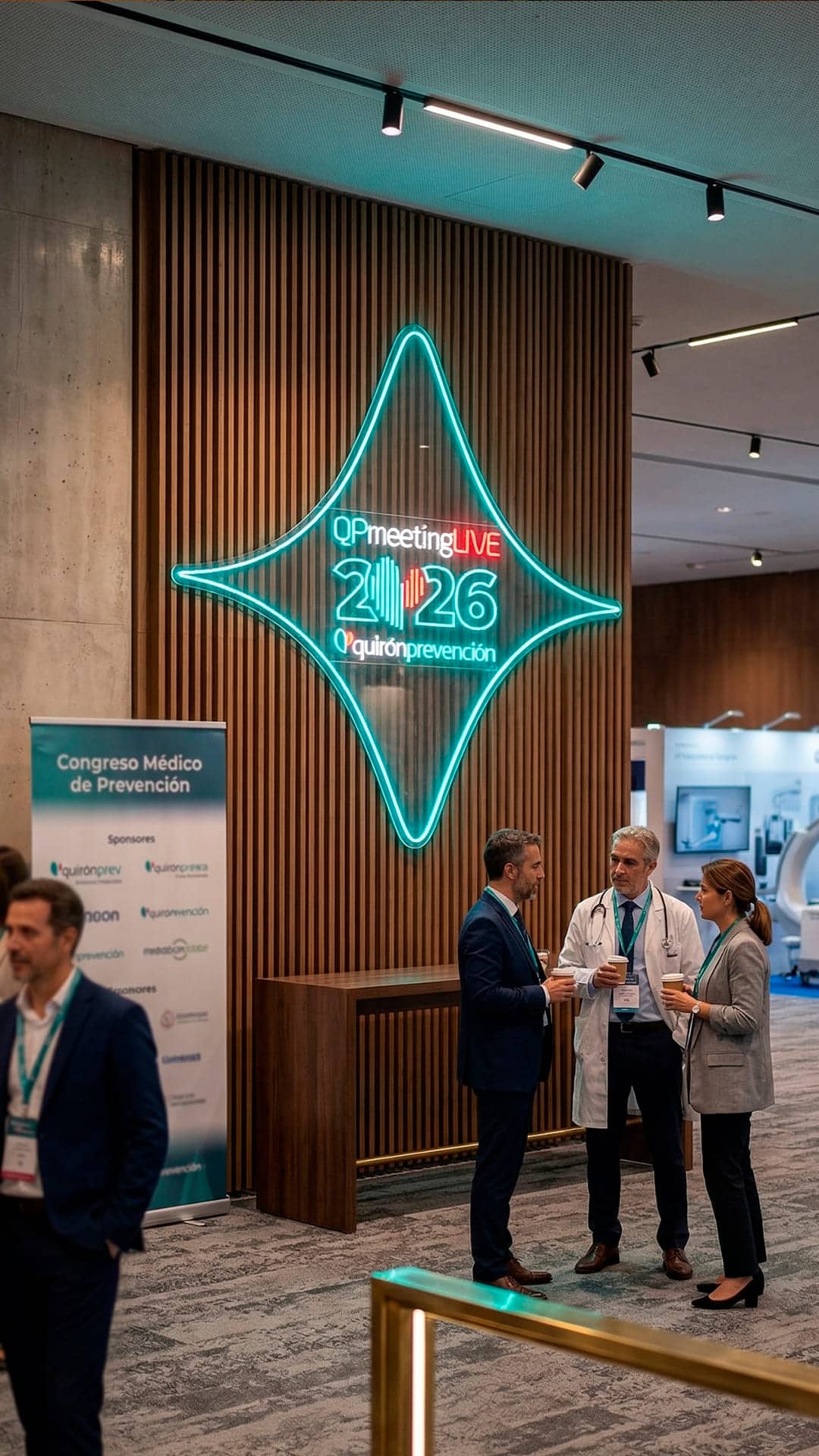Logo néon LED pour Quirón Prevención lors d’un congrès médical
