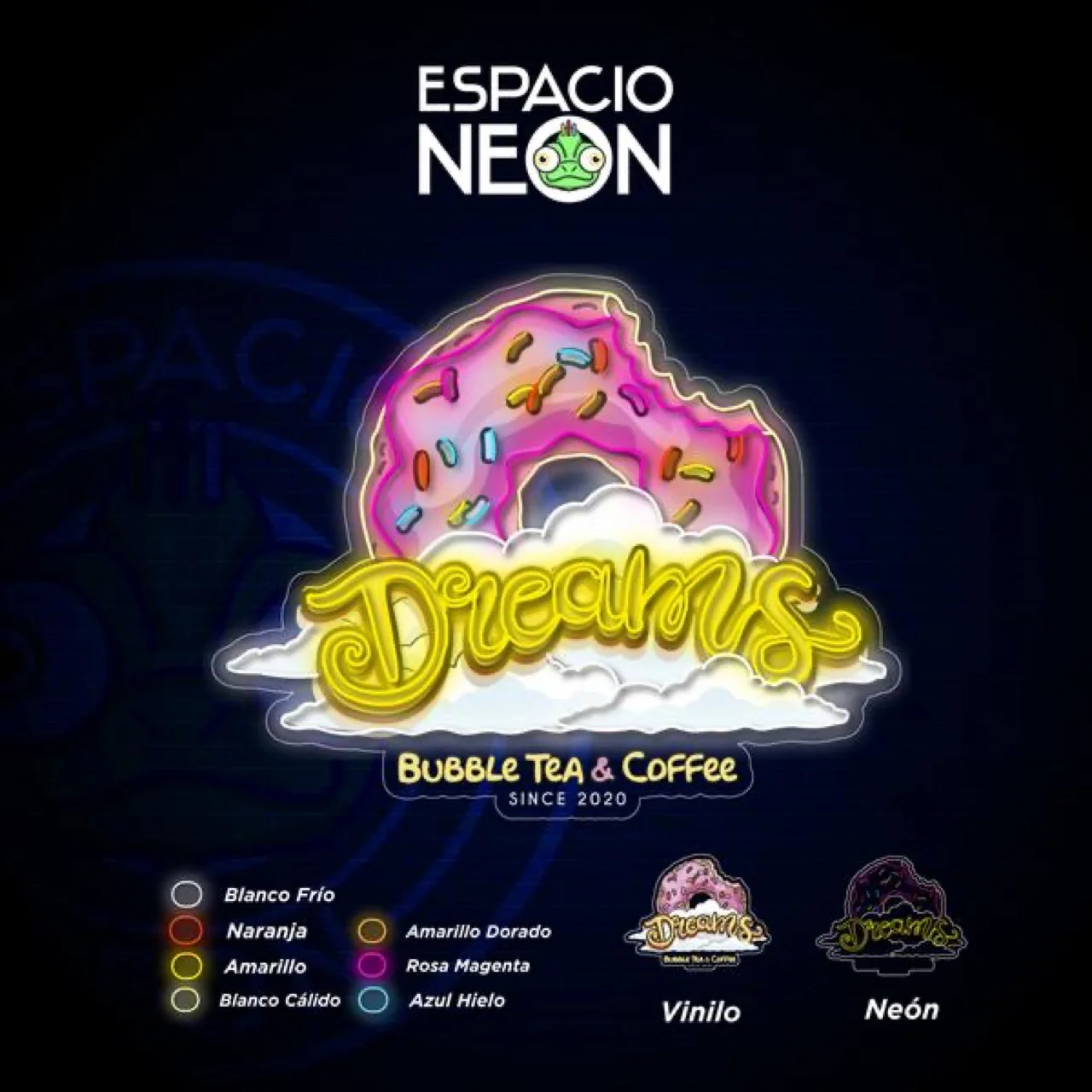 Mockup néon Dreams sur fond de brique avec palette multicolore : blanc froid, orange, jaune, rose magenta, bleu glace · combinaison vinyle + néon