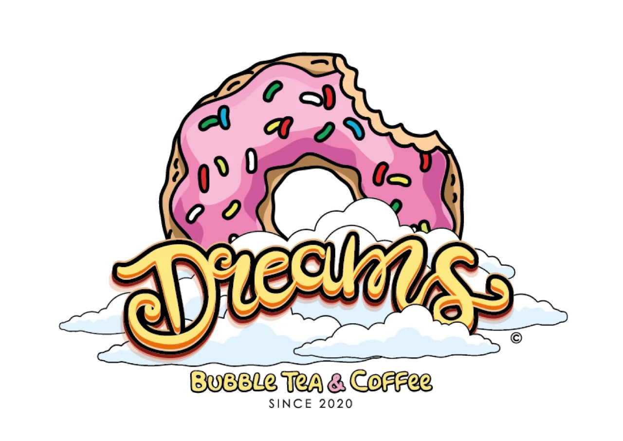Design original « Dreams Bubble Tea & Coffee » envoyé par le client avec un donut glaçage rose, des nuages et une typographie manuscrite