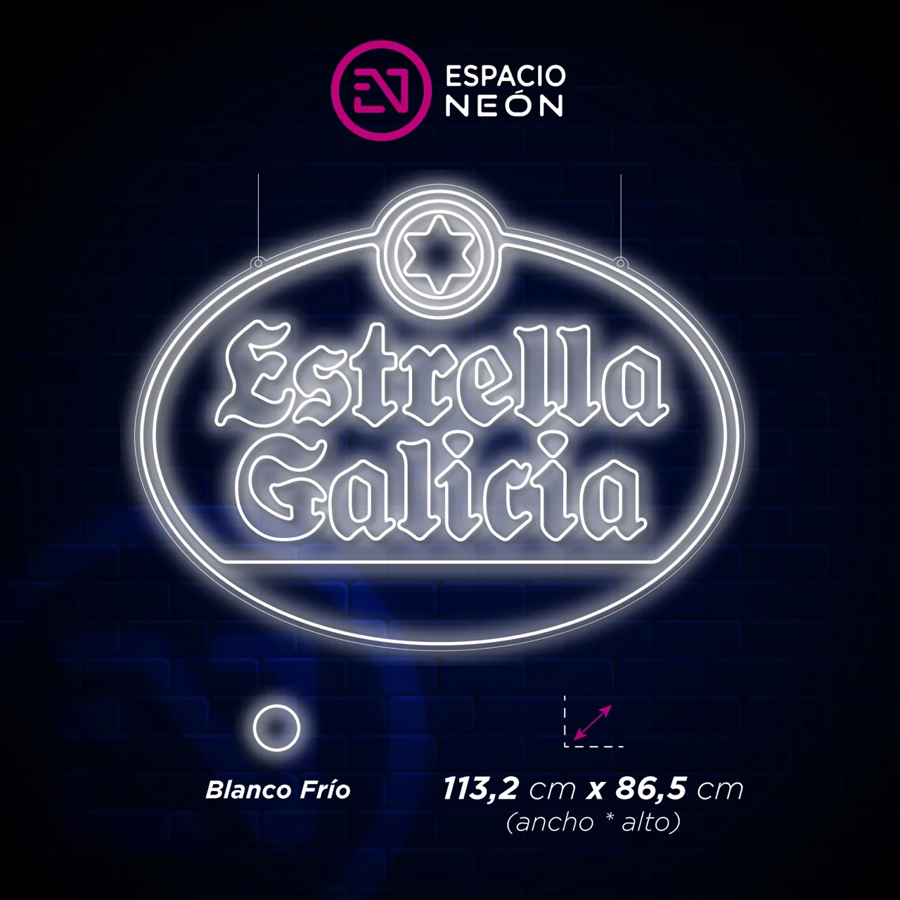 Mockup néon Estrella Galicia sur fond de brique · monochrome blanc froid · pièce unique selon le souhait du client