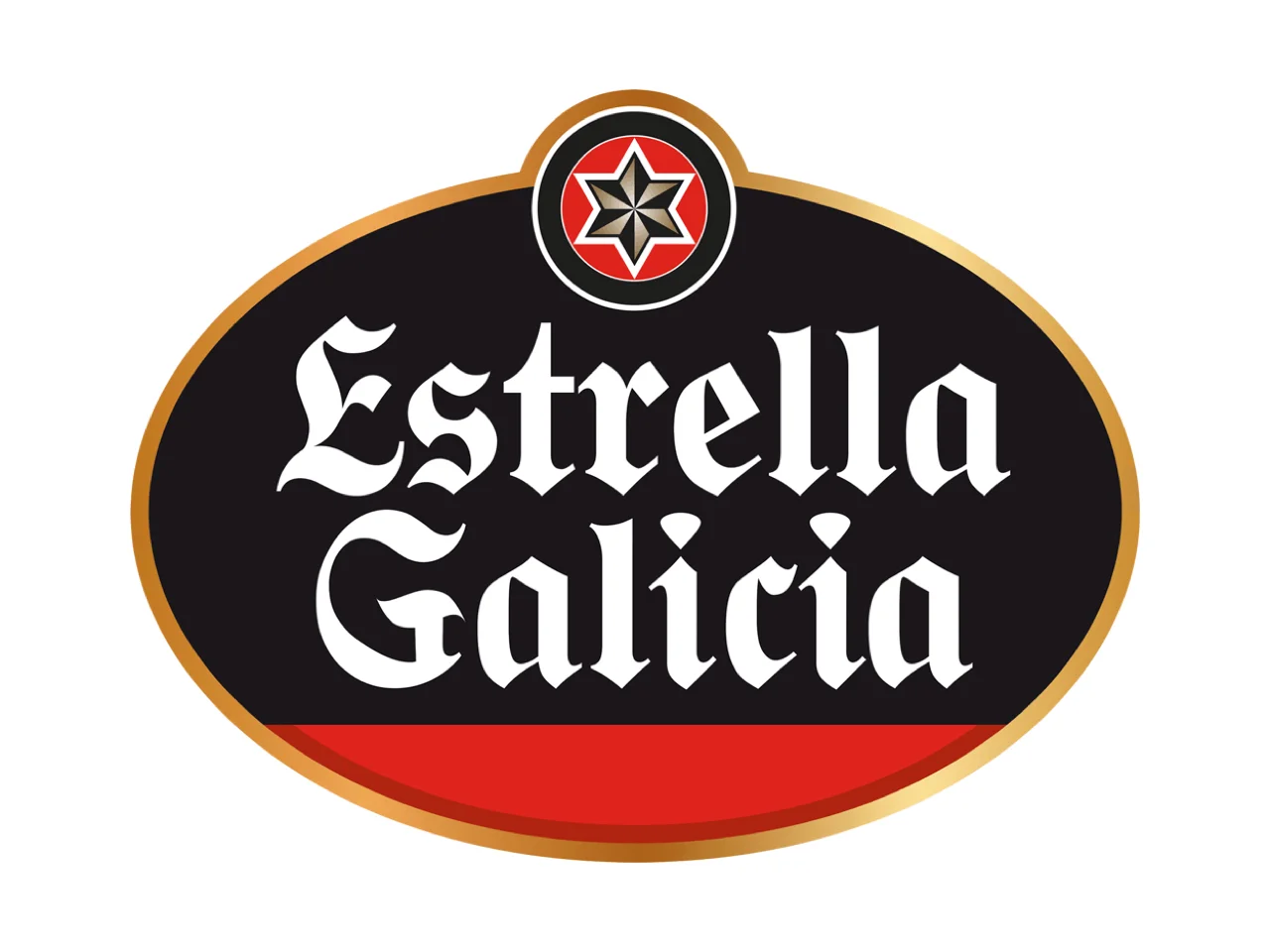 Logo original « Estrella Galicia » envoyé par le client : ovale noir à bordure dorée, étoile rouge et typographie gothique
