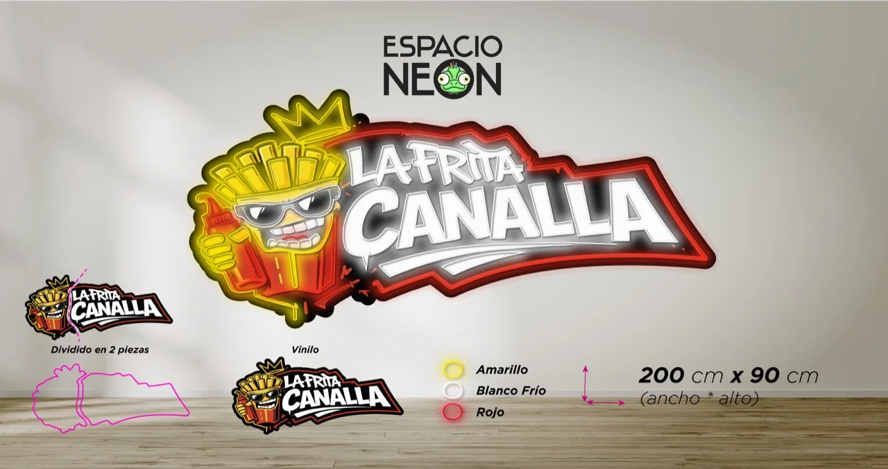 Mockup néon La Frita Canalla avec palette jaune, blanc froid et rouge · vinyle arrière · 2 pièces
