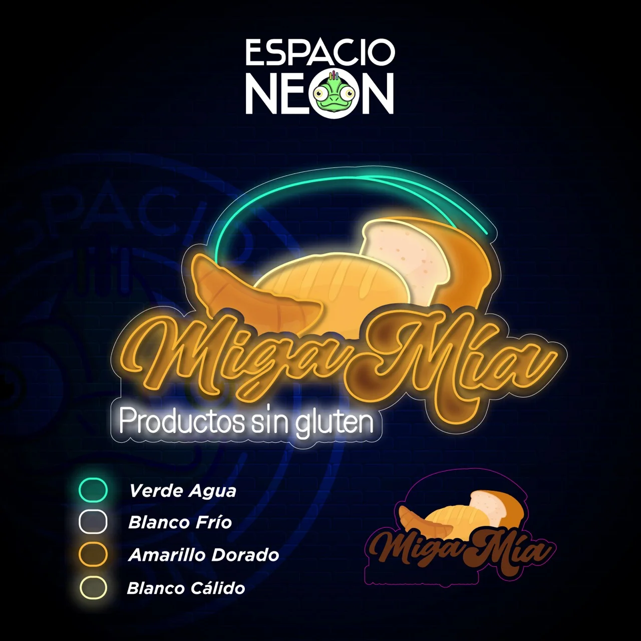 Mockup néon Miga Mía avec palette vert d’eau, blanc froid et jaune doré