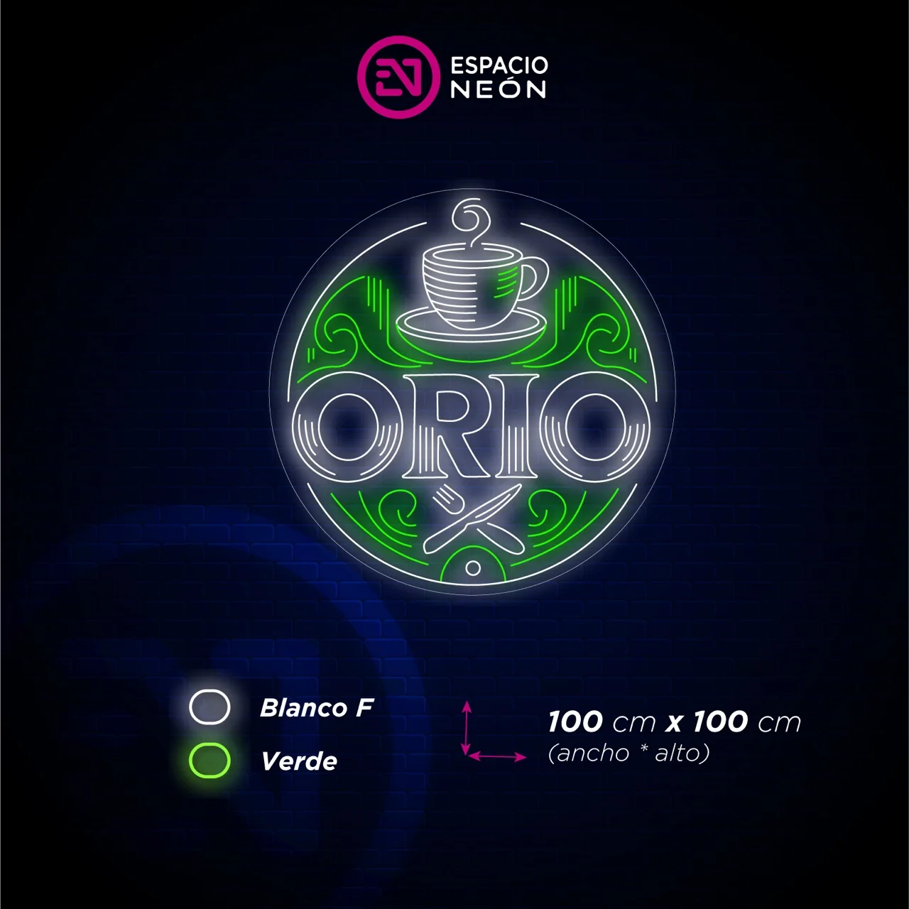 Mockup néon Orio sur fond de brique avec palette blanc froid et vert