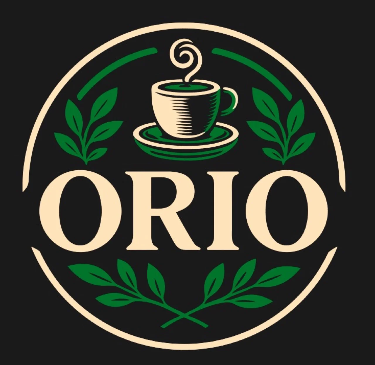Design original « Orio » envoyé par le client : logo rond avec tasse de café, branches de laurier et typographie serif