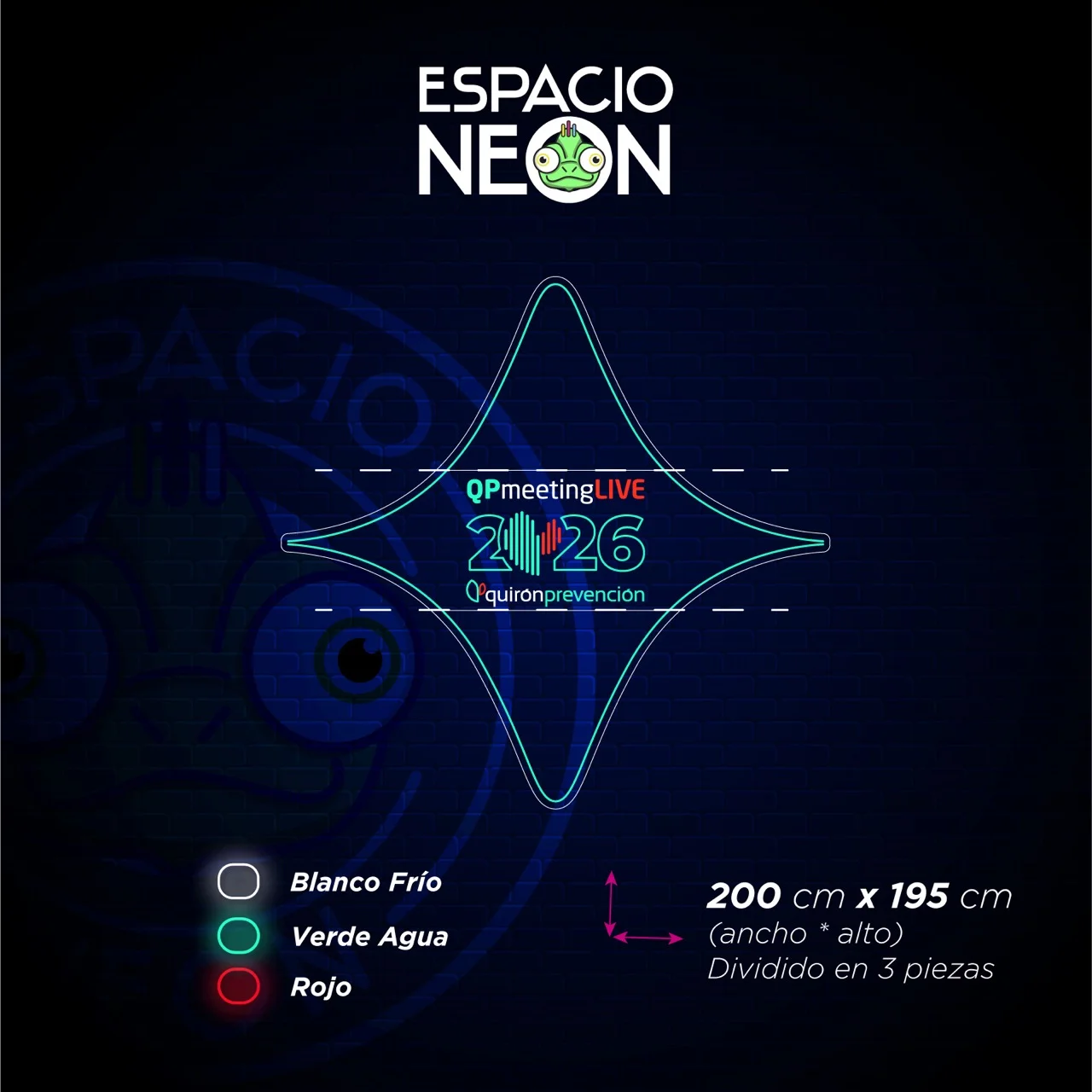 Mockup néon Quirón Prevención sur fond de brique avec palette blanc froid, vert d’eau et rouge · 3 pièces