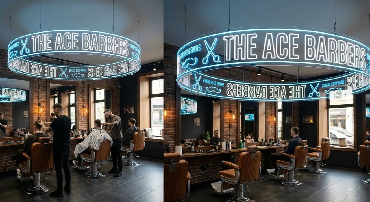 Design d’enseigne néon 360° suspendue dans un barbershop moderne