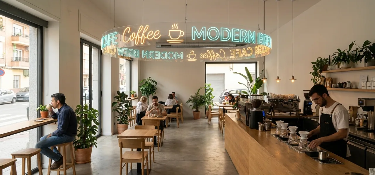 Design d’enseigne néon 360° dans un café de style moderne