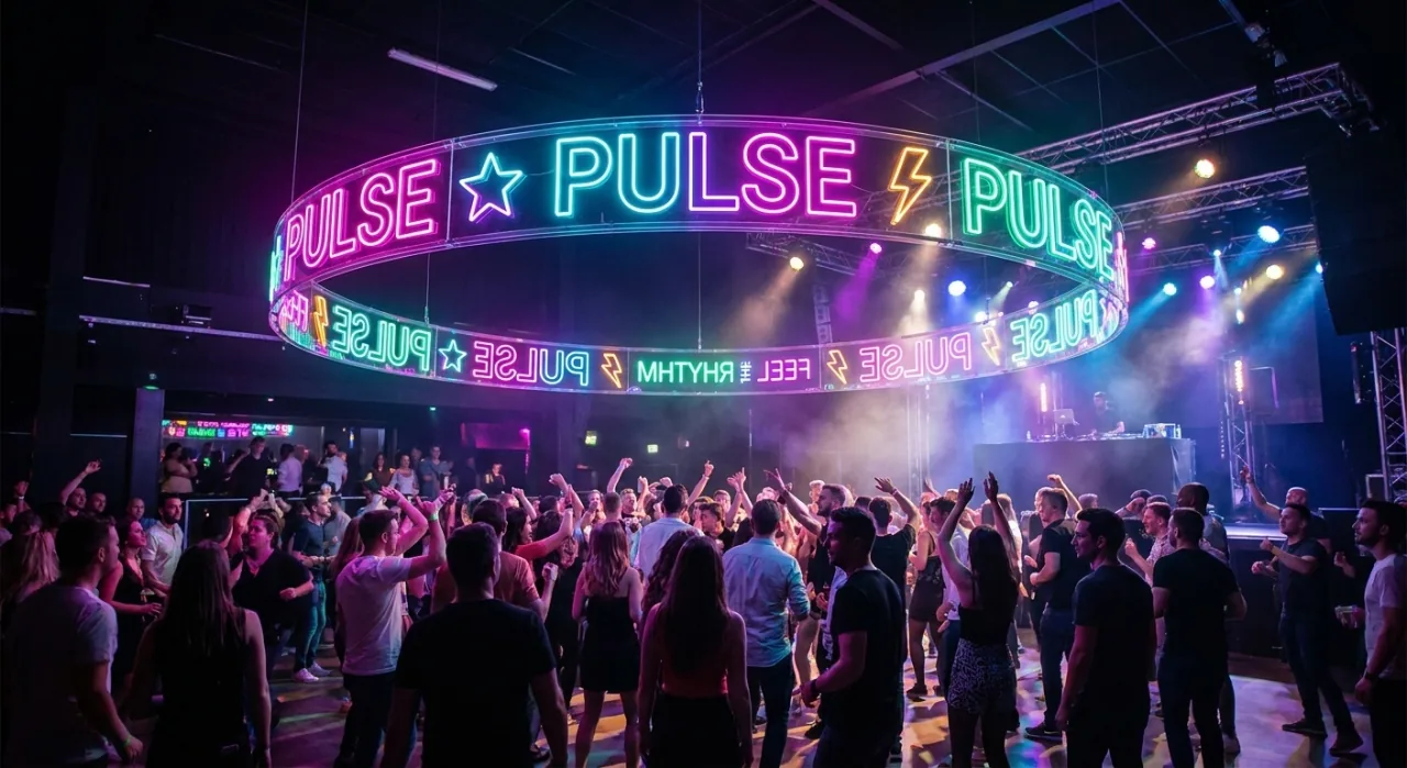 Design d’enseigne néon 360° suspendue au-dessus de la piste d’une discothèque