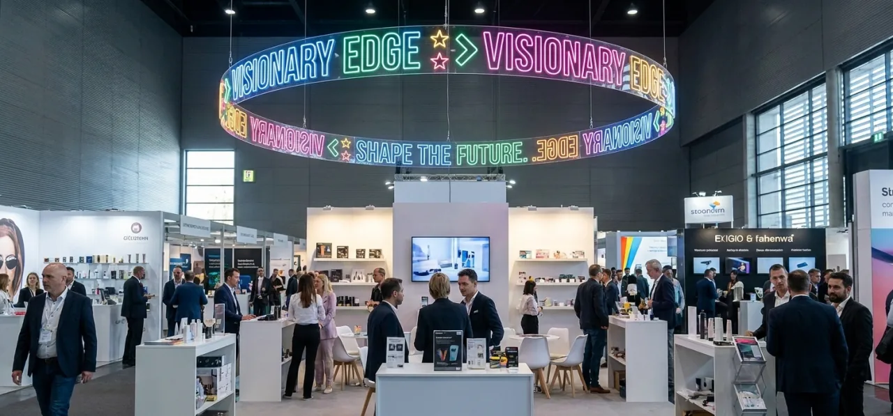 Design d’enseigne néon 360° suspendue au-dessus d’un stand de salon