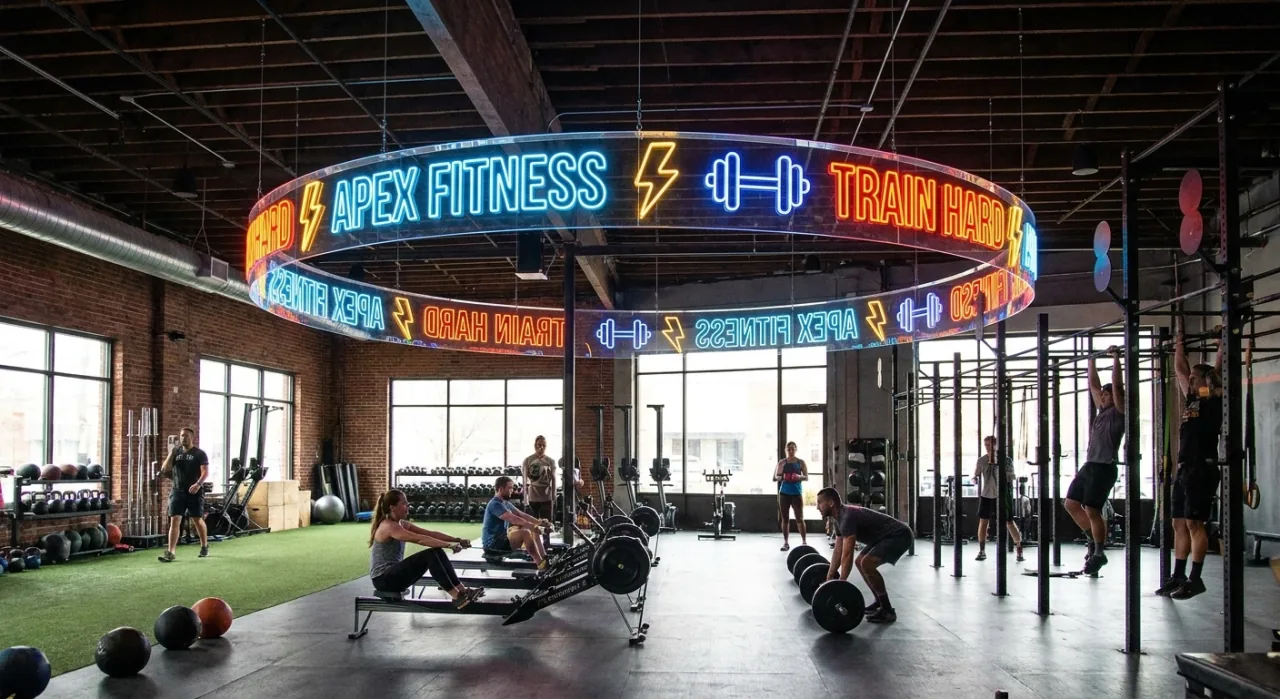 Design d’enseigne néon 360° suspendue dans une salle de sport