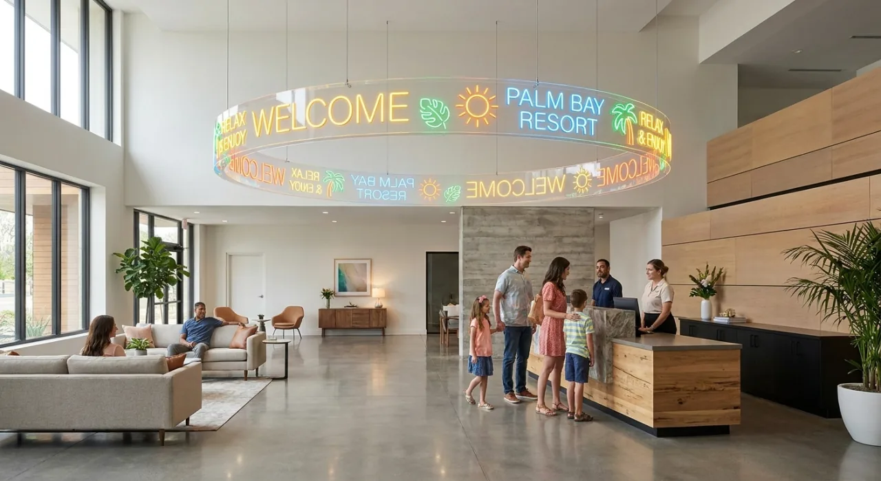 Design d’enseigne néon 360° dans le hall de réception d’un hôtel