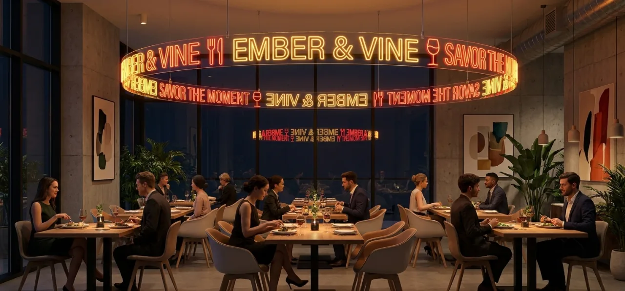 Design d’enseigne néon 360° au-dessus des tables d’un restaurant moderne
