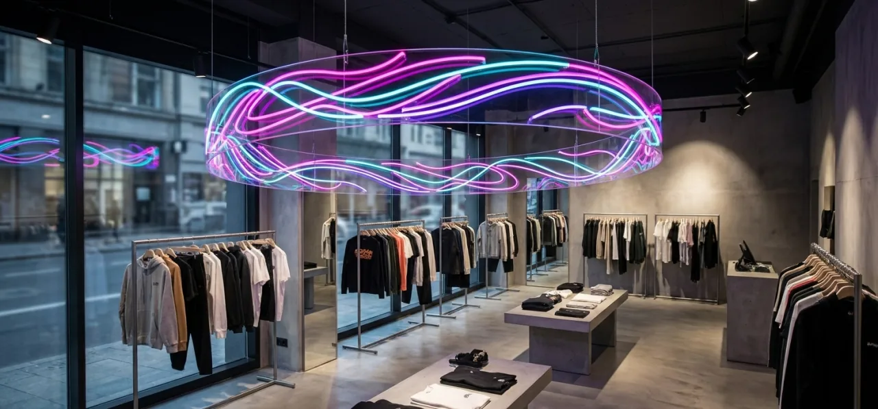 Design d’enseigne néon 360° RGB multicolore dans une boutique de mode