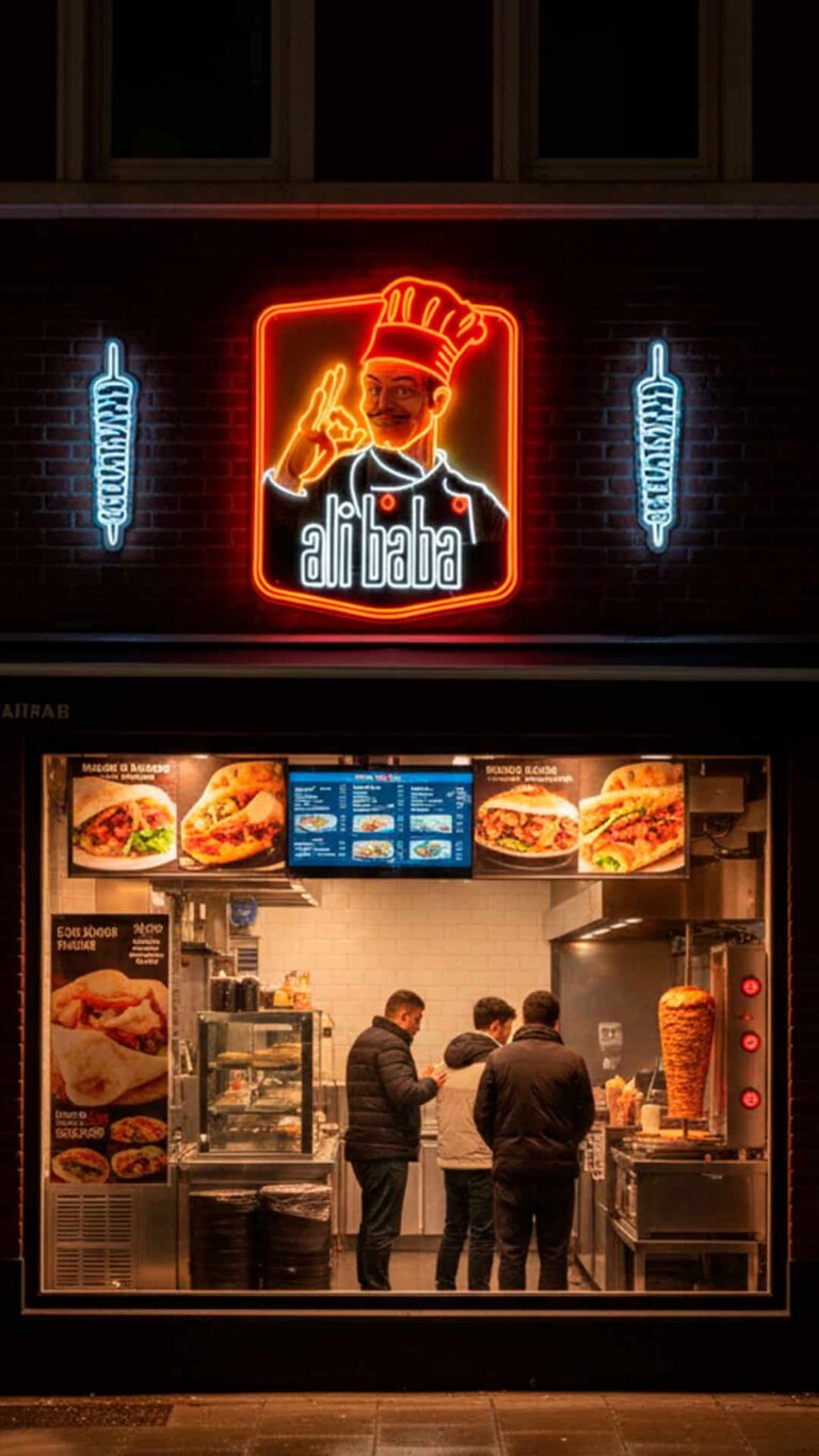 Enseigne néon LED pour « Ali Baba », fabriquée par Space Neon.