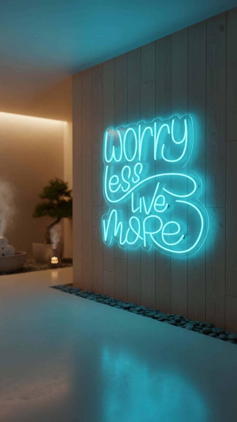 Enseigne néon LED sur mesure « Worry Less », fabriquée par Space Neon.